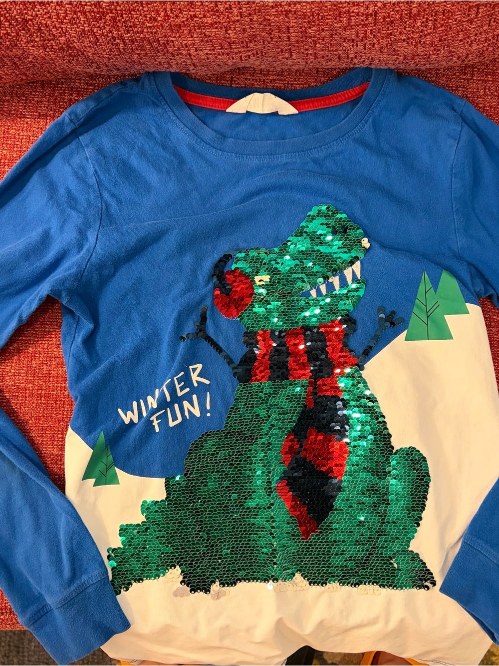 H&M Blue Long-Sleeve Top with Green Sequin Dinosaur